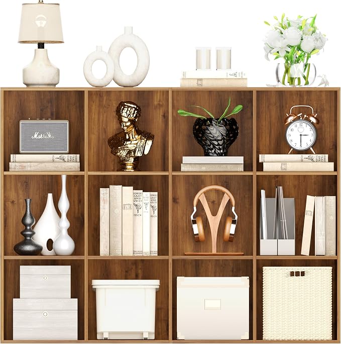 VDNEND Wooden Storage Organizer with Closed Back Panel, 11in Cube Shelf Opening, Bookshelf, Display Shelf,Closet Cabinet for Home and Office (Brown, 12-Cube 35.98L*9.45W*47.72H)