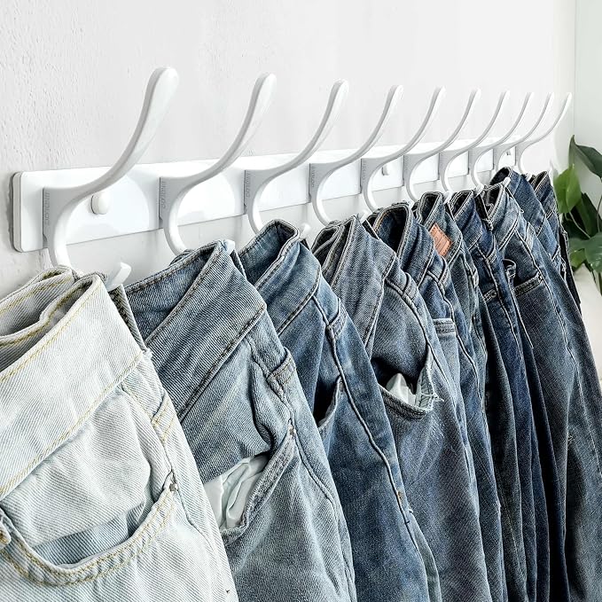 SKOLOO Wall Mounted Coat Rack - 10 Hooks, Heavy Duty, Stainless Steel, Metal Wall Hangers, Sturdy Coat Hooks for Hanging Coats, Jacket, Clothes, Hat, White