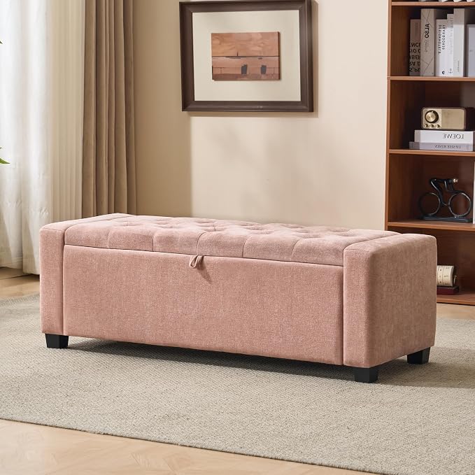 Royal Windsor 48" Ottoman with Storage,Tufted Storage Bench with Safety Hinge,Holds up to 350 lb,Upholstered Bench with Seating for Bedroom,Living Room,Entryway,Linen Pink