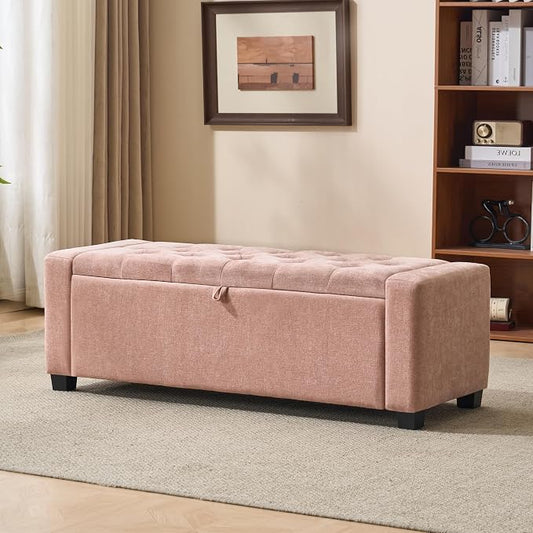 Royal Windsor 48" Ottoman with Storage,Tufted Storage Bench with Safety Hinge,Holds up to 350 lb,Upholstered Bench with Seating for Bedroom,Living Room,Entryway,Linen Pink