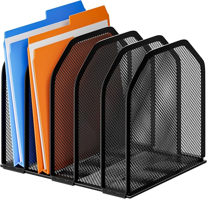 Desk File Organizer, Adjustable 5 Sections Upright Desktop File Sorter | Sturdy, Metal, Mesh, Vertical, Bookshelf, File Holder, Workspace Accessories, for Home,School,Office Classroom,Black