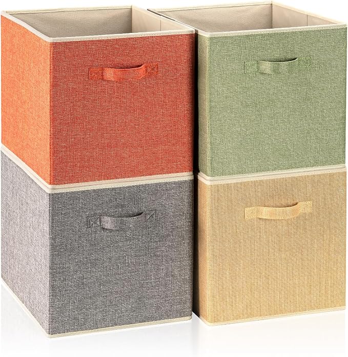 Storage Cube Organizer Bin 13" x 15" x 13" Large Boxes Fabric Basket with Handles for Organizing Shelves Closet Clothes 4 Color Set A