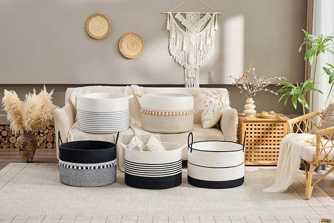 KAKAMAY Large Blanket Basket with Handles, Storage Basket for Living Room | Extra Large Capacity | Natural Cotton Rope | Blanket Storage | Woven Storage Basket | Stuffed Animal Storage | Laundry Basket
