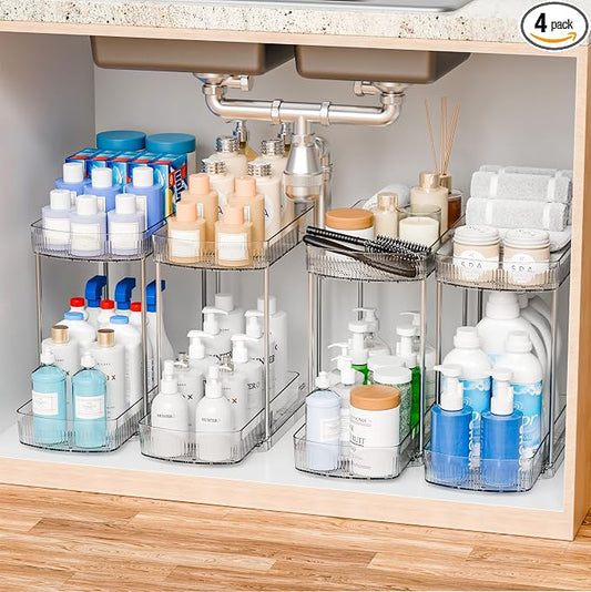 4 Pack Large Pull Out Bathroom Organizers and Storage,2 Tier 12.8″ Tall Sliding Kitchen Under Sink Organizer for Cleaning Products Storage,Acrylic Clear Bathroom inder Sink Organizer,Undersink Storage