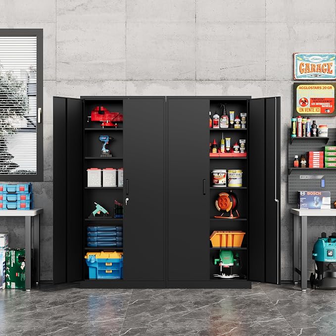 Fesbos Metal Storage Cabinet-72” Tall Steel File Cabinet with Lockable Doors and Adjustable Shelves-Black Steel Storage Cabinet for Home, School, Office, Garage