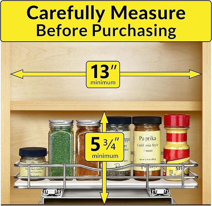 LYNK PROFESSIONAL® Pull Out Spice Organization for Cabinets - 12-3/8 inch Wide – Spice Rack for Inside Cabinets, Slide Out Spice Rack Organizer for cabinet – Pull Out Spice Rack, Sliding 1 Tier Chrome