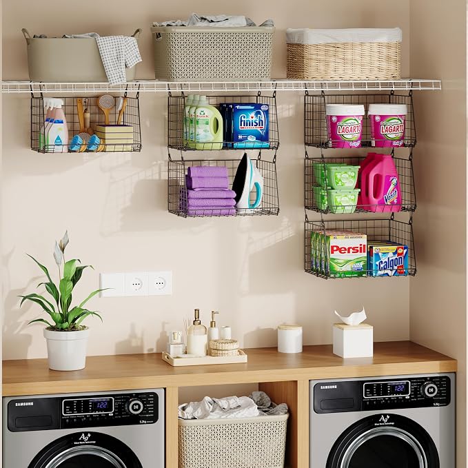 3-Pack Hanging Laundry Room Organizaton：Foldable Laundry Basket Wire Basket with 360°Rotating Hooks Small Space Organization Over Washer and Dryer Shelves - Hanging Closet Organizer, Black Patent
