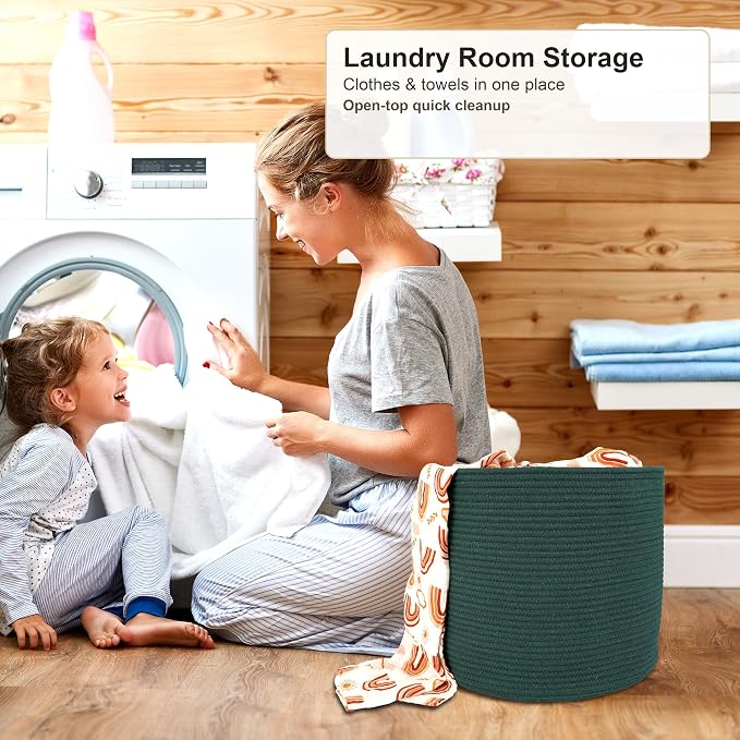 XUANGUO Cotton Rope Basket For Girls Boys Kids 16”X14” dark green | Baby Laundry Baskets, Blanket Basket, Nursery Bin; Round Woven Basket Organizer for Toy Storage, Blankets, Shoes and Clothes