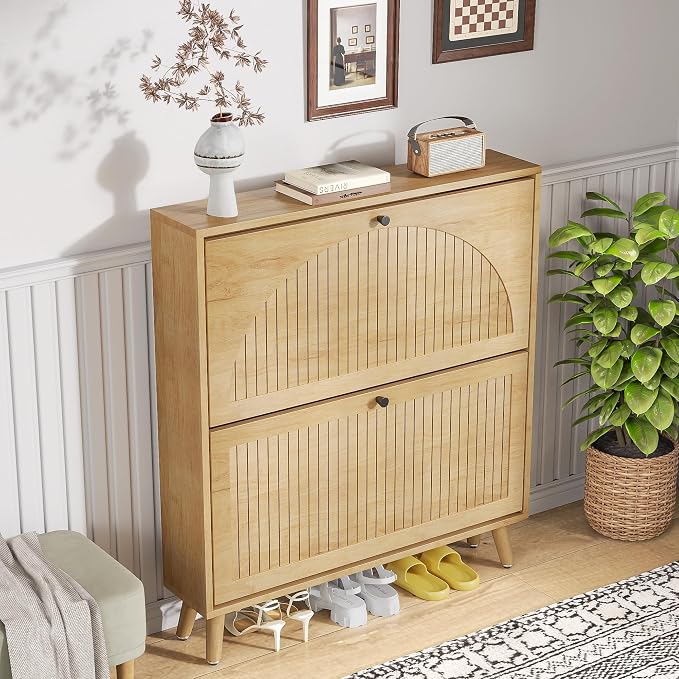 Fsbecl Shoe Storage Cabinet for Entryway with 2 Flip Drawers, Narrow Wood Shoe Cabinet with Fluted Panel, Freestanding Hidden Shoe Organizer for Hallway
