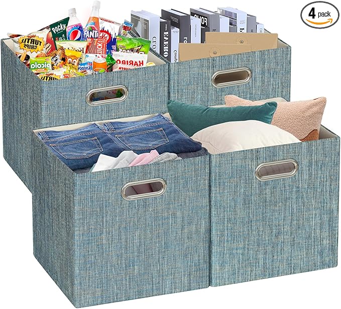 Posprica Storage Basket Bins,13×13×13 Foldable Storage Boxes Fabric Drawer Cubes for Closet Shelf Cabinet Bookcase - Set of 4,Teal