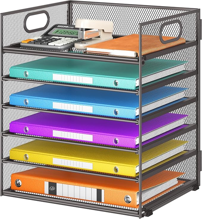6 Tiers Letter Tray Paper Organizer With Handle, Mesh Desk File Organizer, Metal Desktop Document Shelf, Paper Sorter for Office, Home or School File Folder Holder - Grey