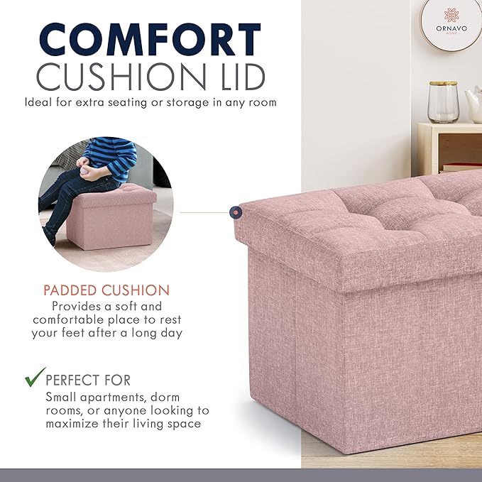 Ornavo Home Small Rectangle Storage Ottoman Set of 2, Linen, 12x16x12, Pink | Foldable Collapsible Design; Foot Rest Stool Seat; Ideal for Living Room, Bedroom, Home Office or Dorm