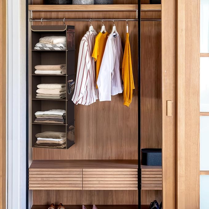 Simple Houseware 5 Shelf Hanging Closet Organizer, Brown | 360° Rotating Dual Hooks, Top Support Metal Frame, 6 Side Mesh Pockets