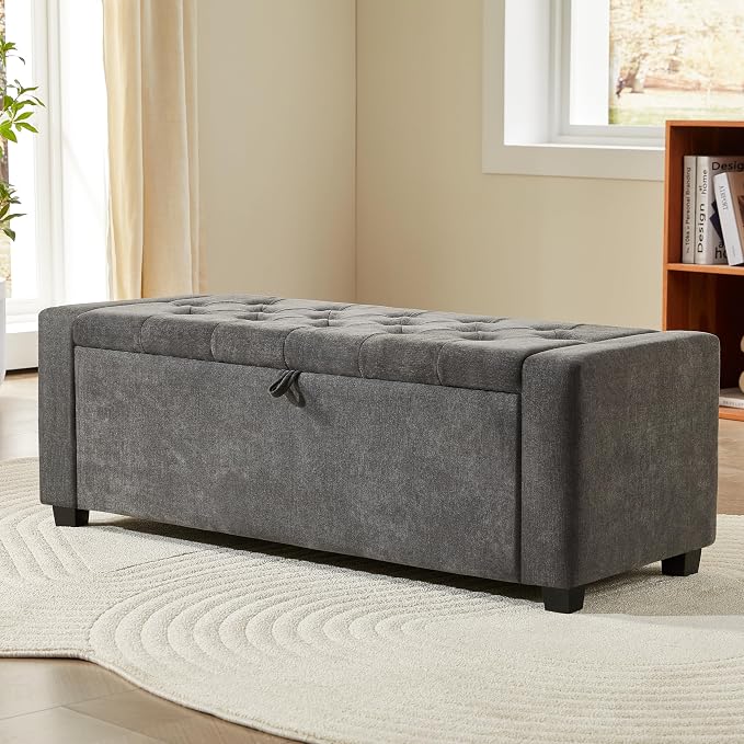 Royal Windsor Ottoman with Storage,Tufted Storage Bench with Safety Hinge,Holds up to 350 lb,Upholstered Bench with Seating for Bedroom, Living Room,Entryway,Linen Dark Gray