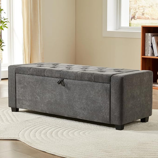 Royal Windsor Ottoman with Storage,Tufted Storage Bench with Safety Hinge,Holds up to 350 lb,Upholstered Bench with Seating for Bedroom, Living Room,Entryway,Linen Dark Gray