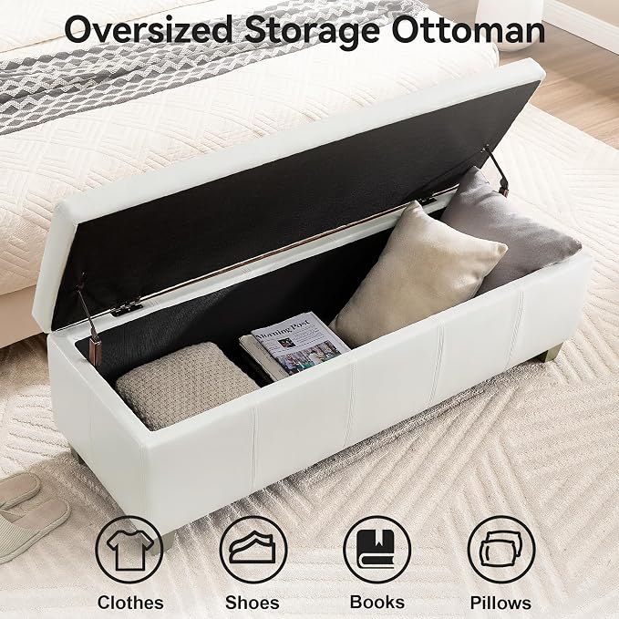 WUTUTUEE 51" Faux Leather Storage Ottoman, Stitch Tufted Rectangle Upholstered End of Bed Storage Bench, Entryway Large Couch Ottoman with Wooden Legs,White
