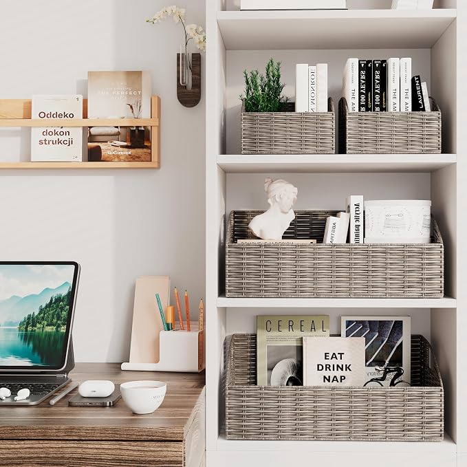 Pantry Baskets Organization, Wicker Storage Bin Shelf Grey | Handwoven Pantry Organizers and Storage with Built-in Handles, Laundryroom Organization Storage Bins for Snack Cans