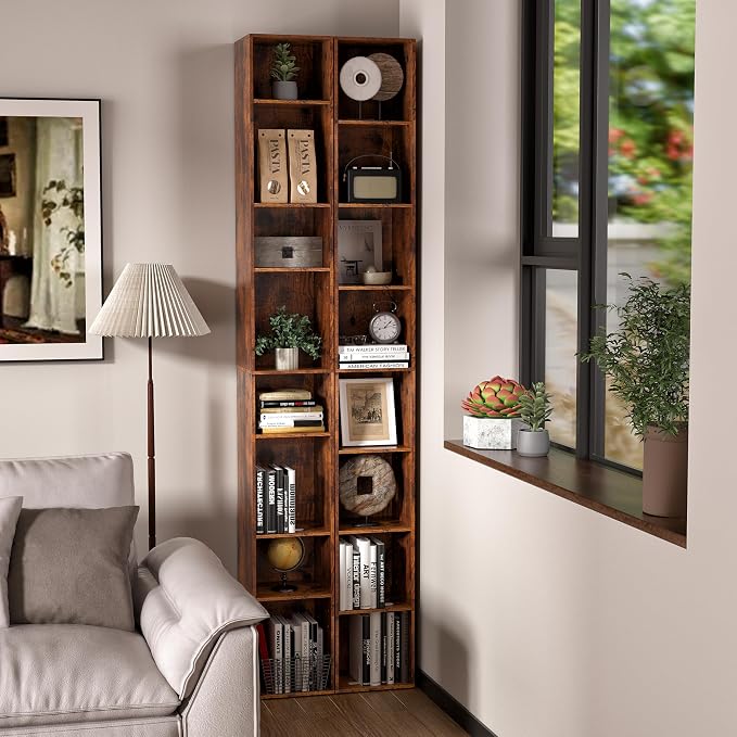 8-Cube Storage Organizer Bookcase, Tall Narrow Bookshelf for Home Office (Retro Brown)