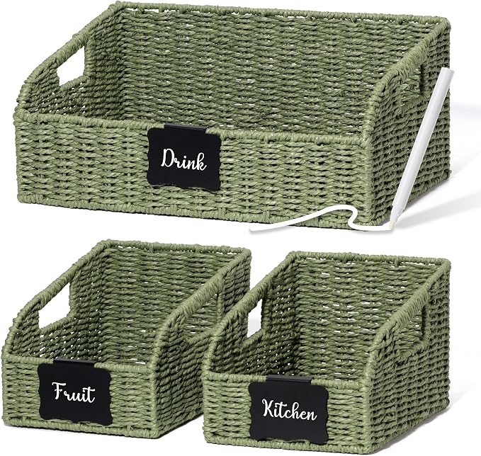 Pantry Organizers, Handwoven Large Wicker Baskets for Shelves, Labeled Storage Baskets for Organizing with Handles - Paper Storage Bins for Shelves, 3 Pack, Green