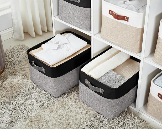 DECOMOMO Storage Bins, Extra Large Fabric Storage Baskets for Shelves 3Pack | 15.8 x 12.5 x 10 inches Decorative Linen Closet Organizers (Grey & Black)