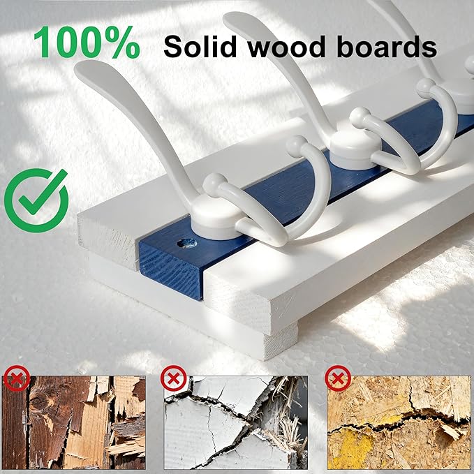 SKOLOO Coastal Wall Mounted Coat Rack - 38-1/8" Beach House Entryway Wooden Coat Hook with 10 Hooks for Hanging Coats, Hats or Towels, Oceanfront Cottage Core Collection, White & Blue