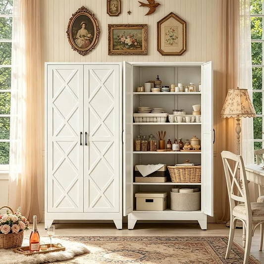 71"H White Pantry Kitchen Cabinet with Doors,Black Storage Cabinets,Freestanding Pantry Cabinet,Farmhouse Food Storage Cabinets,Tall and Large Pantry Cabinets for Kitchen, Dining Room, Living Room