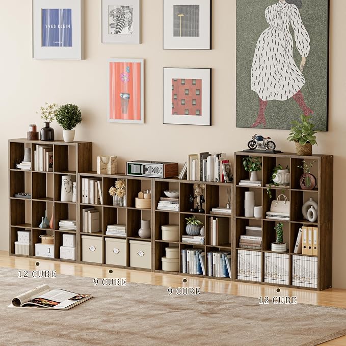 VDNEND Cube Storage Organizer Bookcase, Decorative 11 inch Open Back Cubical Shelf with Thickened Border, Display Bookshelf for Living Room, Home Office, Sturdy Room (Brown, 12 Cube)