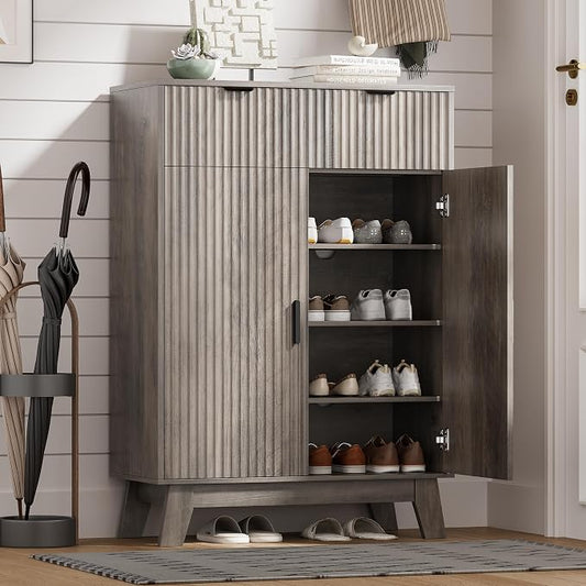 HUANLEGO Shoe Cabinet Storage for Entryway with Doors, Grey | 4 Tier Fluted Shoe Organizer with 2 Drawers, Shoe Storage with Adjustable Shelves, Freestanding Hidden Shoe Rack for Entryway