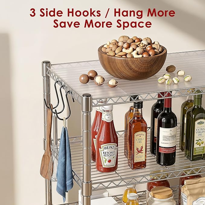 Heavy Duty 3-Shelf Shelving Unit, 24.02" W x 13.78" D x 21.97" H Chrome Steel Storage Rack with Wheels, 2 PP Shelf Liners and Hooks, Adjustable Under Desk Organizer for Kitchen, Office, Garage