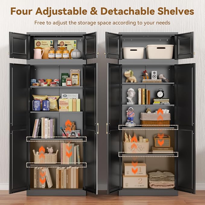 Polup 86" Tall Metal Kitchen Pantry Storage Cabinet with Doors and Shelves | Heavy-Duty Black Cabinet, 4 Adjustable Shelving, Gold Handles, Magnetic Latch, for Dining Living Room, Bathroom & Garage