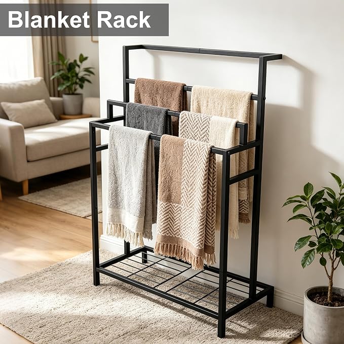 Standing Towel Rack with Shelf, 4-Tier Freestanding Towel Rack with Extra Storage Space, Stable Base Bath Blanket Holder for Bathroom, Laundry Room – Holds Towels, Blankets, Scarves, Matte Black