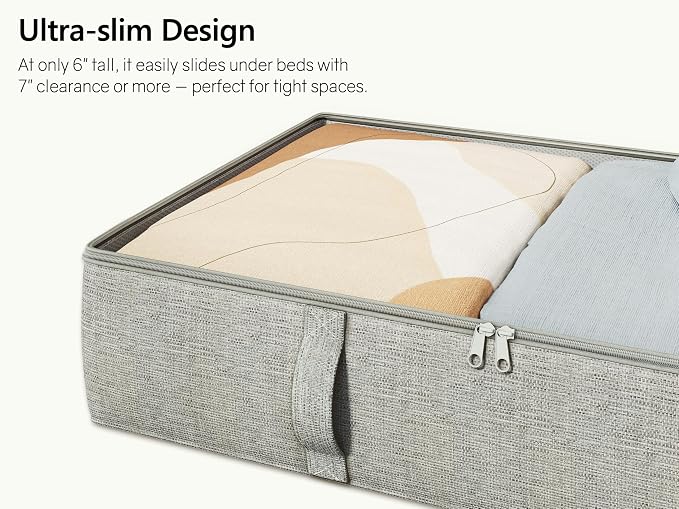 TidyCorner 2-Pack Under Bed Storage Containers, 8 Inches Tall Underbed Clothes Storage Organizer Bin with Sturdy Sidewalls/Bottom, Under the Bed Storage Bags 2 Storage Bins, Light Grey