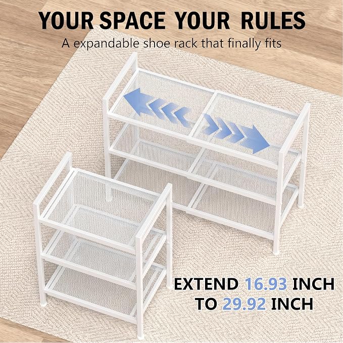 Shoe Rack, Expandable Shoe Rack for Closet, Adjustable Shoe Organizer for Entryway, Shoe Storage Organizer for Door Entrance, Garage, Bedroom (White, 2-Tier)