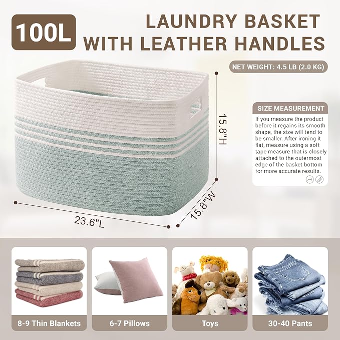 100L Extra Large Woven Laundry Basket Hamper with Handles, Green | collapsible wicker hamper, storage for dirty clothes, toys, blankets, gifts, living room, bedroom, bathroom, 24"x16"x16"