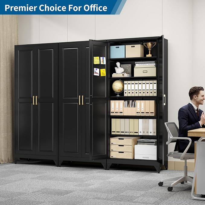 75" Tall Black Metal Storage Cabinet with Doors, Heavy Duty | Freestanding Steel Kitchen Pantry Cabinet, 5 Adjustable Shelves (180 Lbs Load), Tall Cabinets for Home, Office and Garage