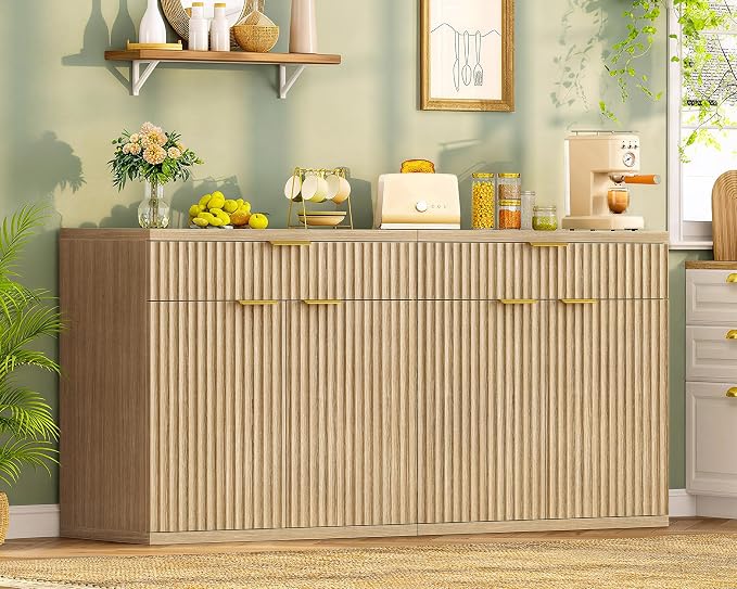 Fluted Buffet Cabinet with Storage, 63" Sideboard Cabinet, Coffee Bar Cabinet with 2 Doors and Adjustable Shelf for Living Room, Kitchen, Entryway, Natural