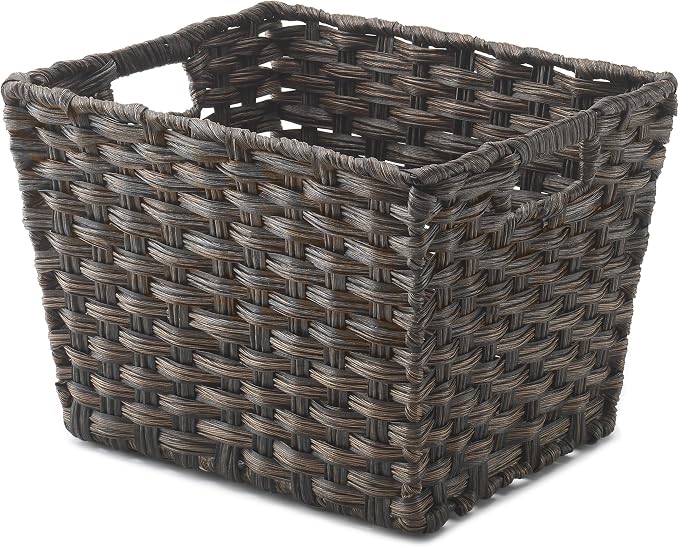 Whitmor Woven Storage Basket for Shelves, Plastic Wicker Organizer Bin with Handles, Metal Structure Decorative Shelf Tote for Closet, Bathroom, Pantry & Office Organization, Brown, Medium-Compact