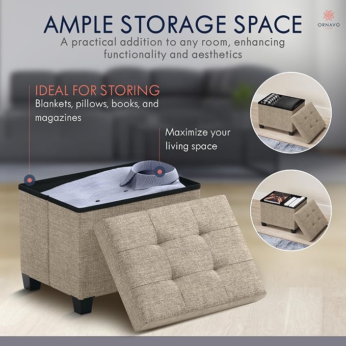 Ornavo Home Small Rectangle Storage Ottoman with Legs, 12x16x12, Tan/Taupe | Foot Rest Stool Seat; Holds Up to 600 lbs; Ideal for Living Room, Bedroom, Home Office or Dorm