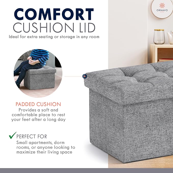 Ornavo Home Small Rectangle Storage Ottoman, Foldable Linen, 12x16x12, Gray | Collapsible Cube Design; Foot Rest Stool Seat; Ideal for Living Room, Bedroom, Home Office or Dorm
