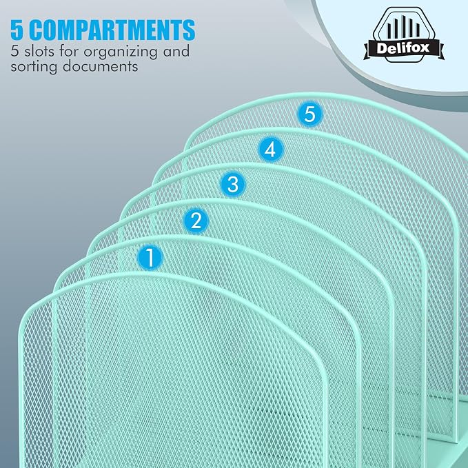 Delifox Inclined Desk File Organizer,Vertical File Folder Holder Stand Metal Rack File Sorter for Office Classroom Desktop Organization (2, Aqua, 5)