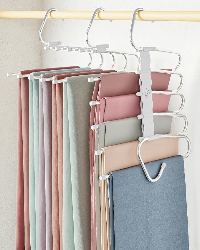 MORALVE Pants Hangers Space Saving - 2 Pack - Non-Slip Multi-Layer Space Saving Hangers - Multifunctional Clothing Rack for Closet Storage - Ideal for Jeans, Trousers, Skirts, Scarves & Slacks (White)