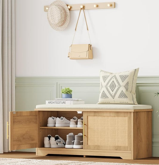 Rattan Shoe Storage Bench, 39.4" Wide Entryway Bench, Natural Oak | Hidden Shoe Organizer Cabinet with Cushion, Shoe Rack Bench with Adjustable Shelves, for Hallway Living Room, Natural Oak