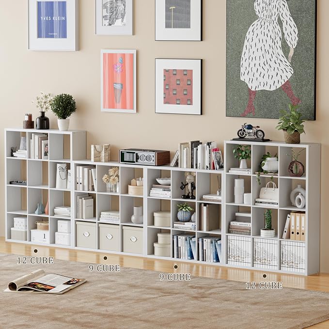 VDNEND Cube Storage Organizer Bookcase, Decorative 11 inch Open Back Cubical Shelf with Thickened Border, Display Bookshelf for Living Room, Home Office, Sturdy Room (White, 9 Cube)