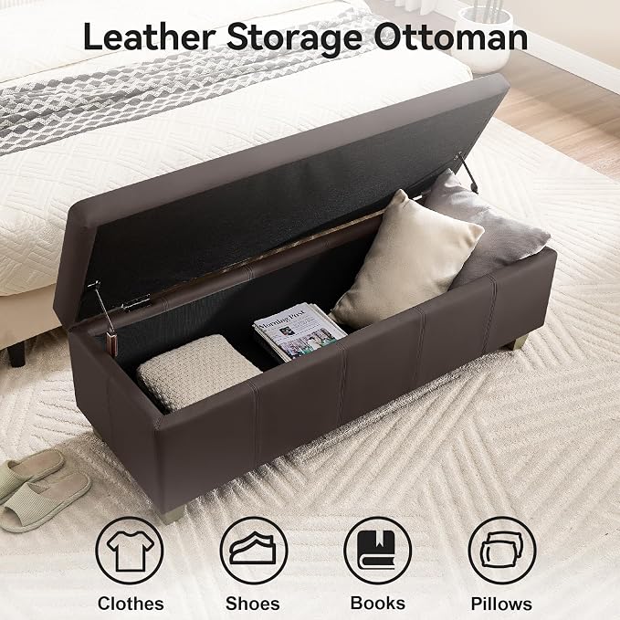 WUTUTUEE 41" Faux Leather Storage Ottoman, Stitch Tufted Rectangle Upholstered End of Bed Storage Bench, Entryway Large Couch Ottoman with Wooden Legs,Brown