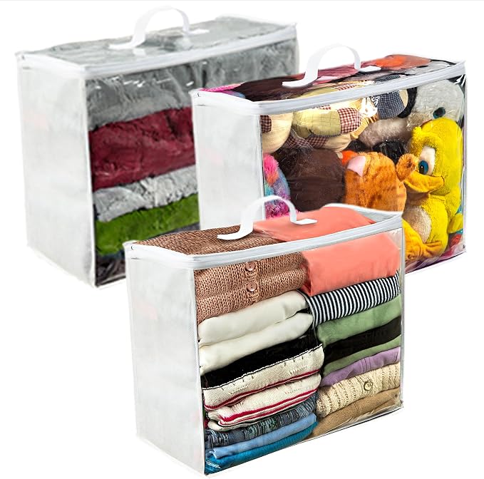 VitalUp Clear Moving Bag (3-Pack) 18x15x9 - Zipper, Blankets, Breathable | Breathable Non-Woven Sides, Foldable, Comforters, Bedding, Clothes, Sweaters, College, Dorm, Packing