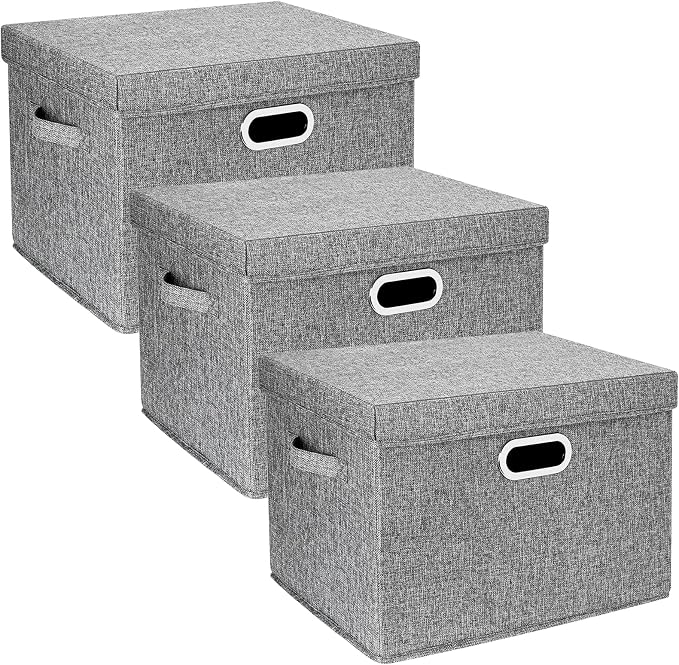 Large Storage Bins with Lids, Collapsible, Washable, Fabric Storage Boxes for Organizing, 17.3x11.8x11.4 inches, 3 Pack, Gray
