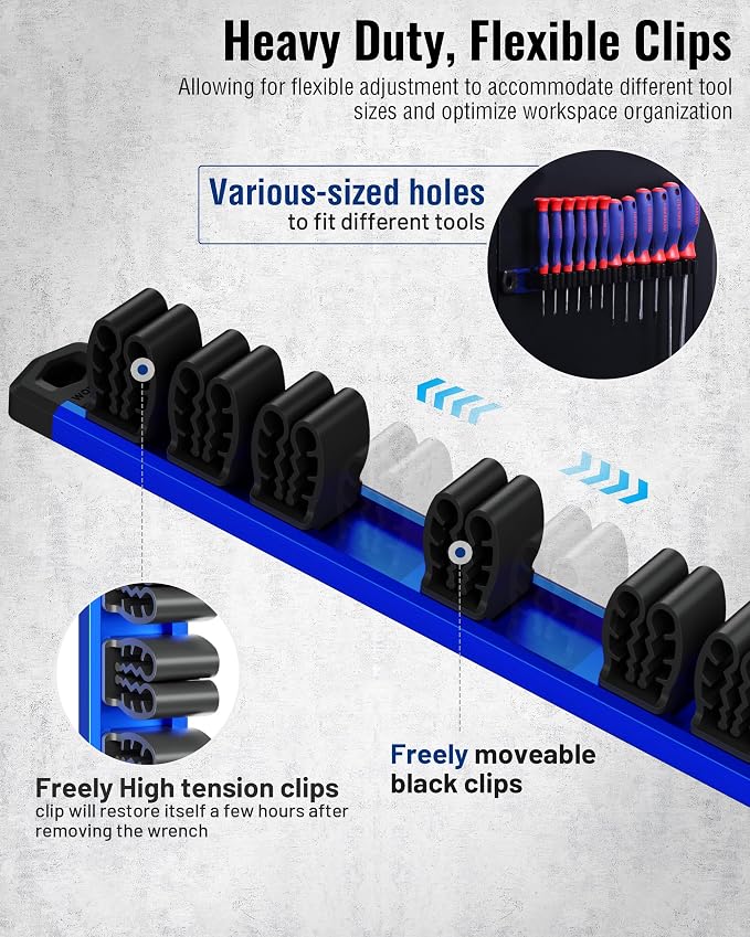 WORKPRO Magnetic Screwdriver and Wrench Organizer Set, 12-Slot Tool Holder | Aluminum Rail, Magnetic Force, Flexible High-Tension Tool Clips, For Tool Box Drawer & Wall-Mount Storage