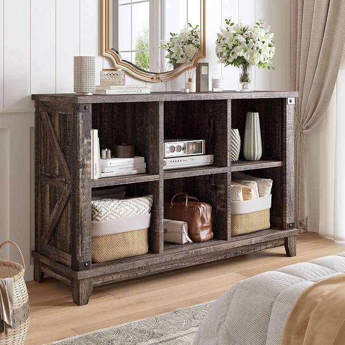 EnHomee Farmhouse 6-Cube Storage Organizer for Living Room, Black Oak | Home Organization Lovers, Wood & Metal, Holds 286 Lbs, Anti-Tip & Stabilizers