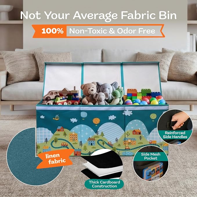 SoftOwl Extra Large Toy Storage Organizer with Lid - Sturdy, Collapsible Toy Chest Storage Box with Cute Design - Toys Bin with Dividers for Kids, Boys, Girls, Nursery, Bedroom, Play room 37"x16"x14"