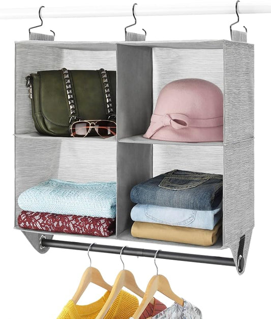 Whitmor Hanging Closet Organizer - 4 Section Closet Organizer with Garment Rod - Space-Dyed Grey